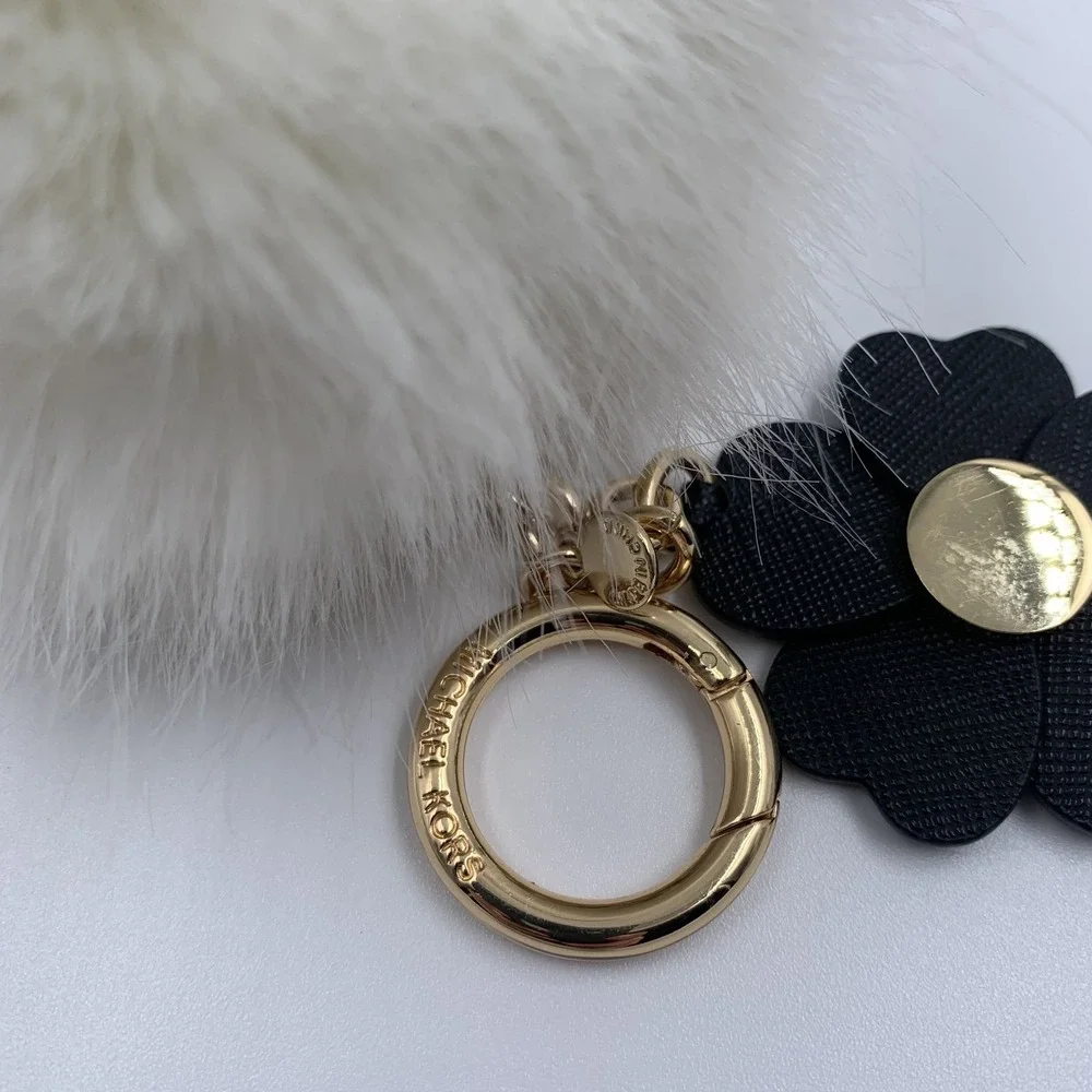 Michael Kors White Fur Pom Pom Keychain Bag Charm Gold Tone Ring Black Flower